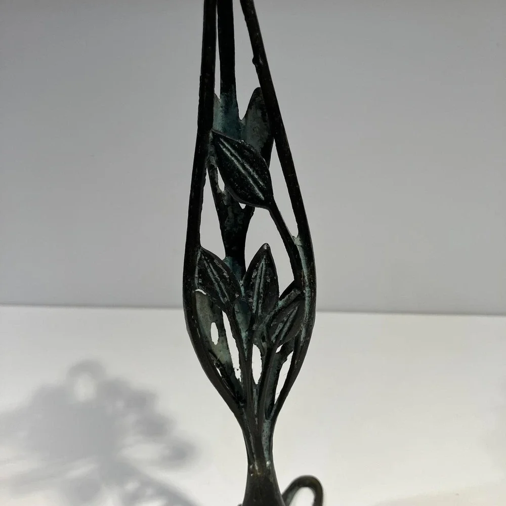Vintage Art Nouveau Bronze Verdigris Floral Candlestick Holder 12 Inch Openwork